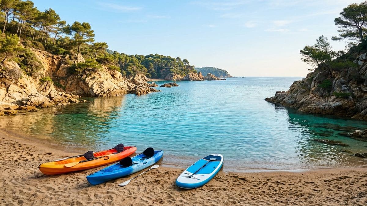 Kayaks and paddleboard on a turquoise Costa Brava cove