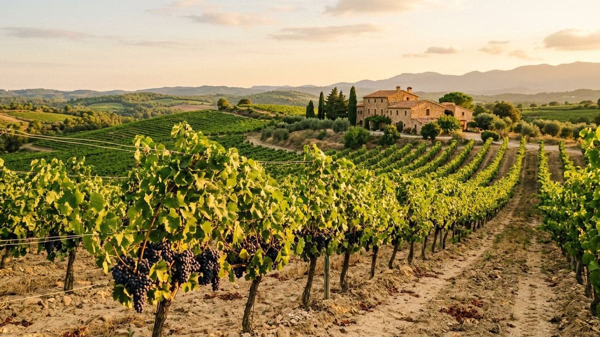 Vinedo del Emporda con masia bodega al atardecer